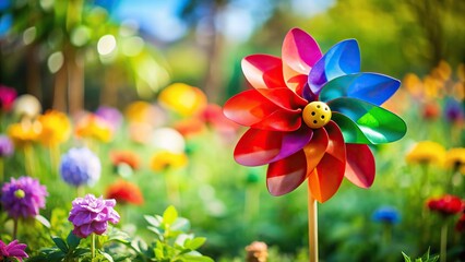 Colorful ladybird wind play toy in garden reflected on ground