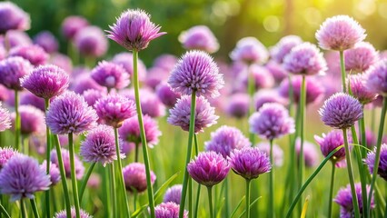 Plants with flowers of Chives Allium schoenoprasum in forced perspective