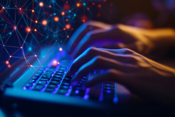Fototapeta premium Hands, person and typing on keyboard for research, information and data with system technology. generative AI