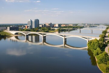 Serenity over the river at sunset, showcasing a beautiful city skyline and graceful bridges