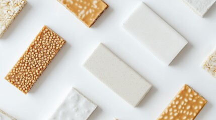 Flat lay of protein bar packaging templates arranged neatly on a white background for product mockup designs.