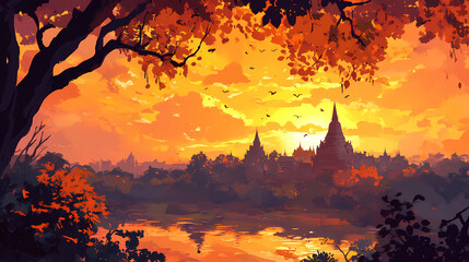 Illustration of digital art of a ayuthaya city skyline at sunset. Thai Temple. Illustration