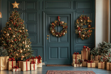 Cozy Christmas entrance decorated with a green door, a beautifully lit tree, wreaths, and wrapped gifts on a winter evening. Generative AI