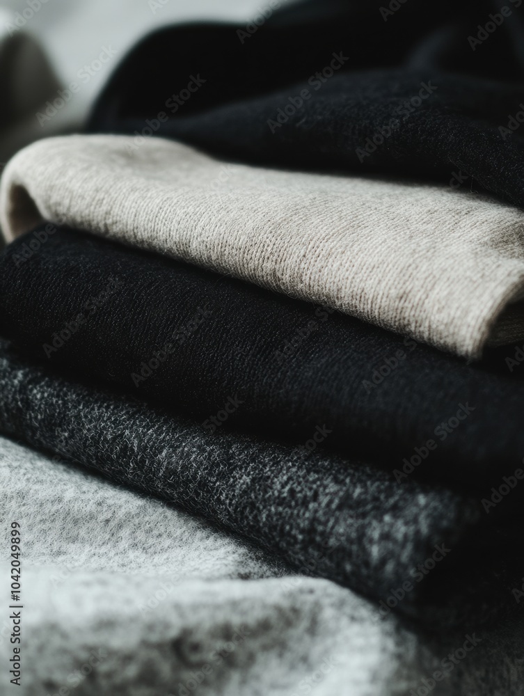 Aufkleber a collection of neatly folded minimalist sportswear featuring neutral colors arranged on a smooth ta