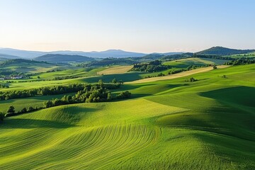 Obraz premium Lush green hills undulating under a clear blue sky in a serene countryside landscape