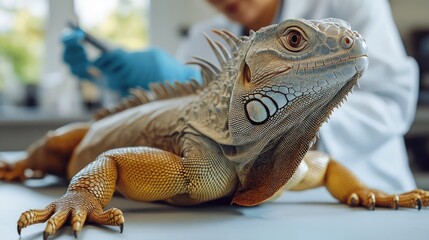 Fototapeta premium Green iguana lying on examination table while veterinarian is taking notes