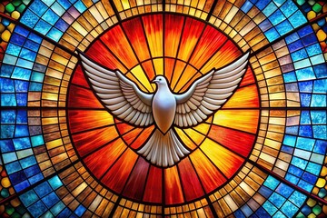 Colorful stained glass window depicting a holy spirit dove