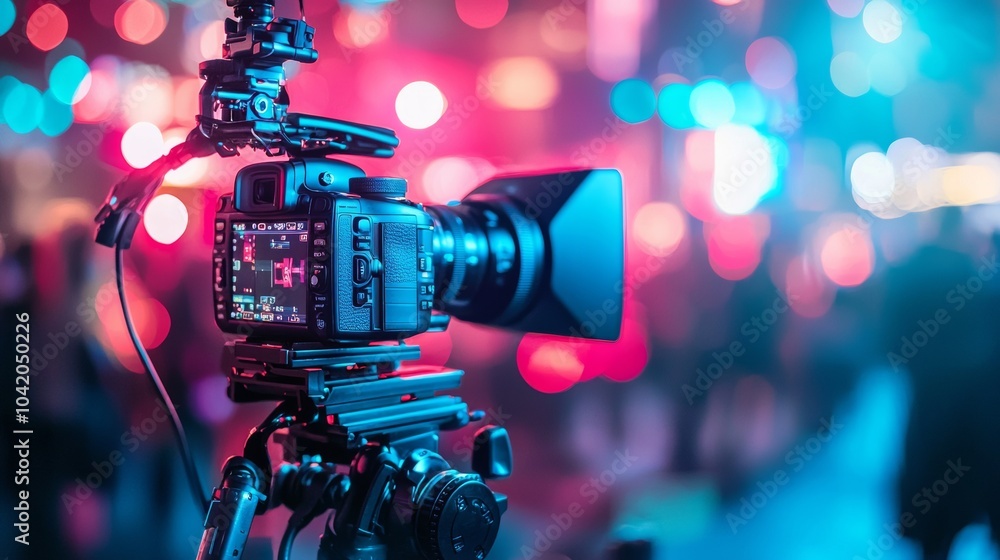 Poster professional camera setup for filming with colorful lights