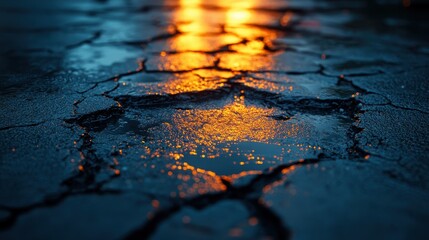 Reflections on cracked pavement after rainfall at dusk
