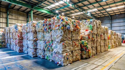 Fototapeta premium Plastic garbage bales at waste plant for disposal