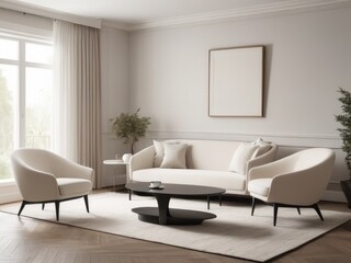 two frames mock up on white wall with sunlight in living room interior with gray sofa and coffee table with decor, 3d rendering