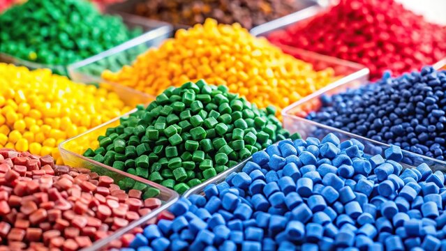 Plastic granules in vibrant polymeric dye colors for plastics with a forced perspective view