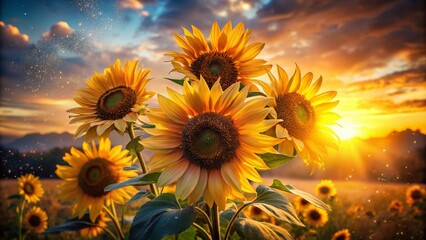 Obraz premium Sunflower Bouquet with Glowing Golden Petals in Dawn Light - Double Exposure Photography