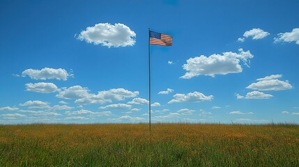 American Flag Waving in the Wind Over a Grassy Field