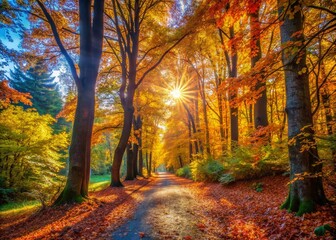 Sunlit Autumn Pathway in Colorful Forest - Nature Walks, Peaceful Woodland, Vibrant Leaves, Clear Sky