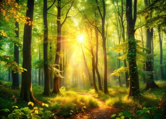 Fototapeta premium Sunlit Forest Bokeh - Oil Painting Style Capturing Nature's Beauty in Golden Glow