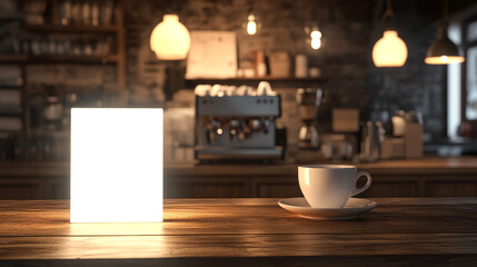 Coffee Shop Counter with Blank Sign and Coffee Cup Mockup