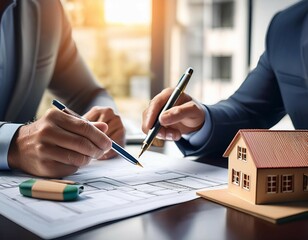 two men are sitting at a table with a house model and pens they are writing on a piece of paper