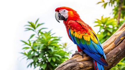 Fototapeta premium Colorful macaw parrot perched on a tree on a white background