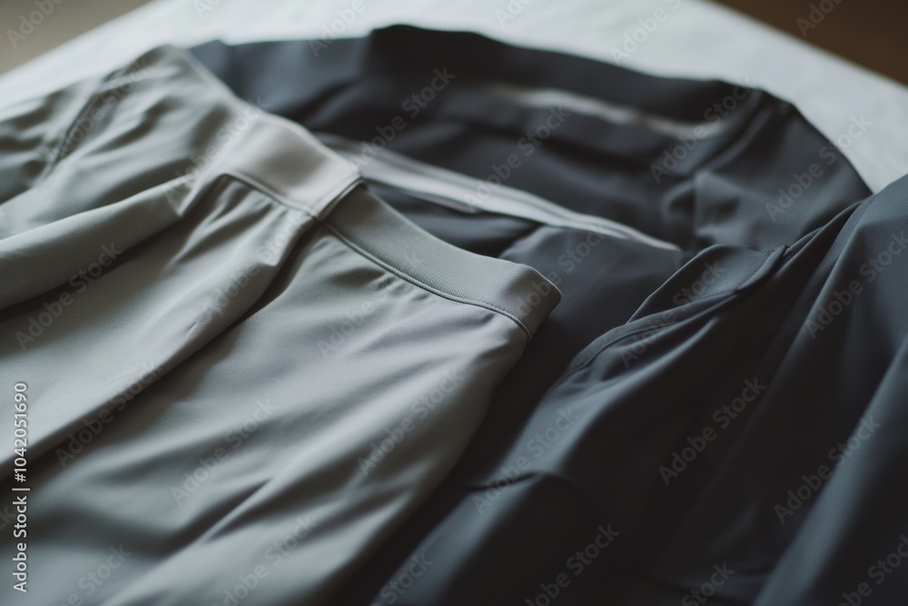 Poster neatly arranged minimalist sportswear on a smooth table highlights its sleek design ideal for workou