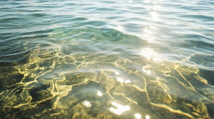 Obraz premium Gentle ripples on the surface of the sea, with sunlight glistening off the clear water, creating soft reflections.