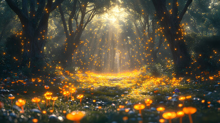 An enchanting 3D fairy tale forest, with glowing fireflies and magical creatures peeking through the trees. The forest floor is covered in soft, colorful mushrooms.