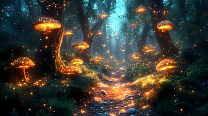 An enchanting 3D fairy tale forest, with glowing fireflies and magical creatures peeking through the trees. The forest floor is covered in soft, colorful mushrooms.