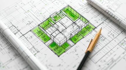 Green building blueprints, showcasing eco-friendly construction materials and sustainable design practices.