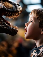 A young boy looks up in awe at a dinosaur exhibit.