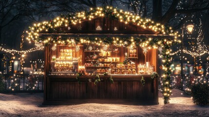 Hot Cocoa Stand. A cozy outdoor hot cocoa stand decorated with Christmas lights and garlands, offering warm drinks and treats to passersby, perfect for holiday markets and events. Cozy Christmas Fair