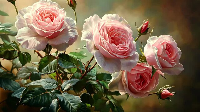 A close-up of pink roses in bloom against a soft, blurred background