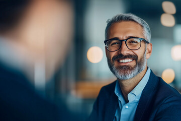 Fototapeta premium A man wearing glasses is smiling and looking at the camera