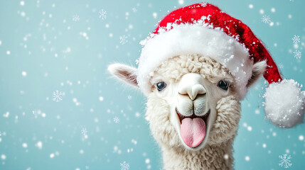 Funny alpaca in Santa Claus hat with stuck out tongue on blue background with falling snow. Sales commercial communication banner with copy space