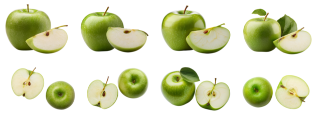 Fresh green apples and apple slices displayed on a white background.