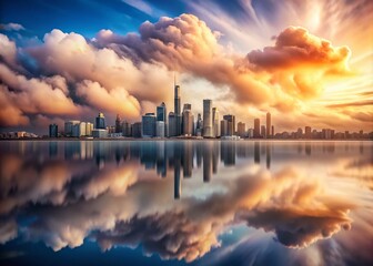 Fototapeta premium Surreal Cityscape with Flowing Clouds and Swirling Skyline in Minimalist Style