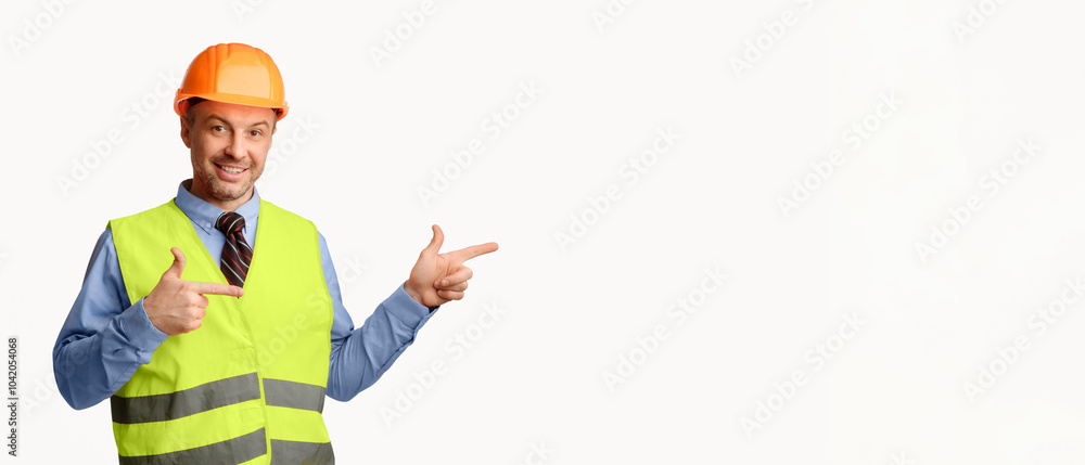 Aufkleber Look There. Construction Worker Pointing Fingers Aside At Empty Space For Text Posing On White Studio Background. Panorama