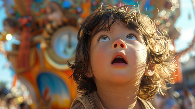 Innocent Amazement: A Child's First Glimpse of a Vibrant Parade Float