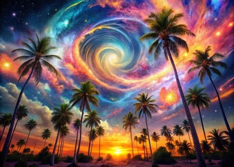 Surreal Dreamscape of Palm Trees Under a Cosmic Sky