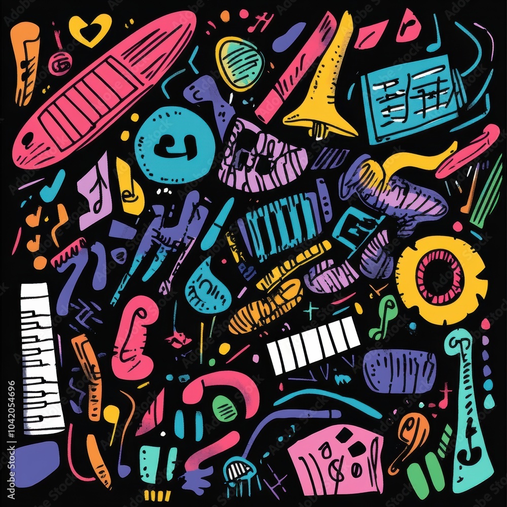 Poster a dynamic arrangement of musical instruments, notes, and sound waves fills the space with energy and