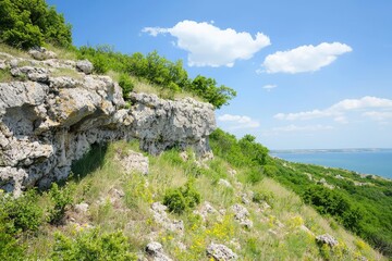 Lush greenery and rocky cliffs overlooking a serene blue lake under a bright sunny sky