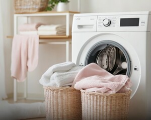 Luxurious White Washing Machine Closeup with Wicker Baskets in Organized Bathroom Home Appliance Product Photography