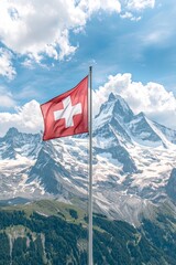 Majestic Swiss Flag Flying High Against Snow-Capped Alps - National Pride and Alpine Beauty