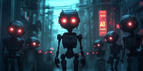 Digital Illustration of Robots with Glowing Red Eyes Walking in a Dark Alleyway with and Neon Signs