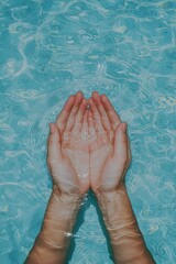 Serene Water Ripples Closeup Hands Cupped in Tranquil Pool, Blue-Green Reflections Spa Wellness Concept