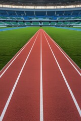 Dynamic Symmetry Vibrant Red Running Track in Modern Stadium Setting, Anticipating Athletic Triumph Sports Event Concept