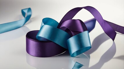 Purple and Teal Satin Ribbons Intertwined with Reflection

