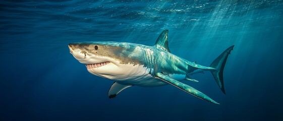 Obraz premium Majestic Underwater Encounter Closeup of Great White Shark in Sunlit Depths