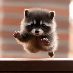 Obraz premium A playful raccoon cub leaps joyfully in a sunlit garden during early springtime