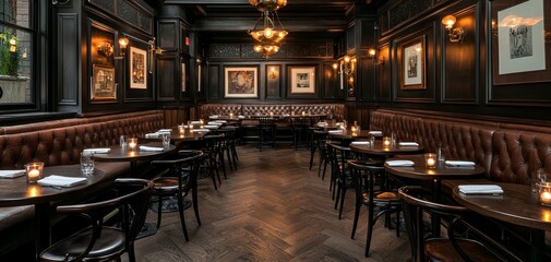 Naklejka premium Elegant Dining Room Interior with Brown Leather Banquettes, Candle-lit Table, and Cozy Atmosphere in Upscale Restaurant Luxurious Fine Dining Setting