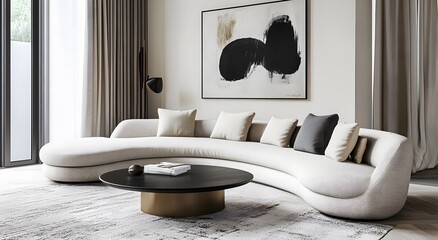 An elegant and comfortable living room decorating idea is curved sofa in beige tones, soft seats for relaxation. The space has a neutral color palette with abstract art on the walls and a coffee table